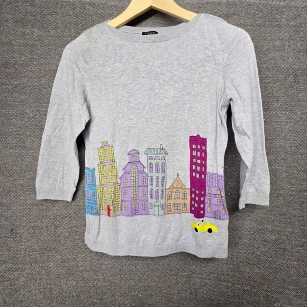 Talbots Petites Grey Cityscape Skyline Graphic Sweater 3/4 Sleeve Small P